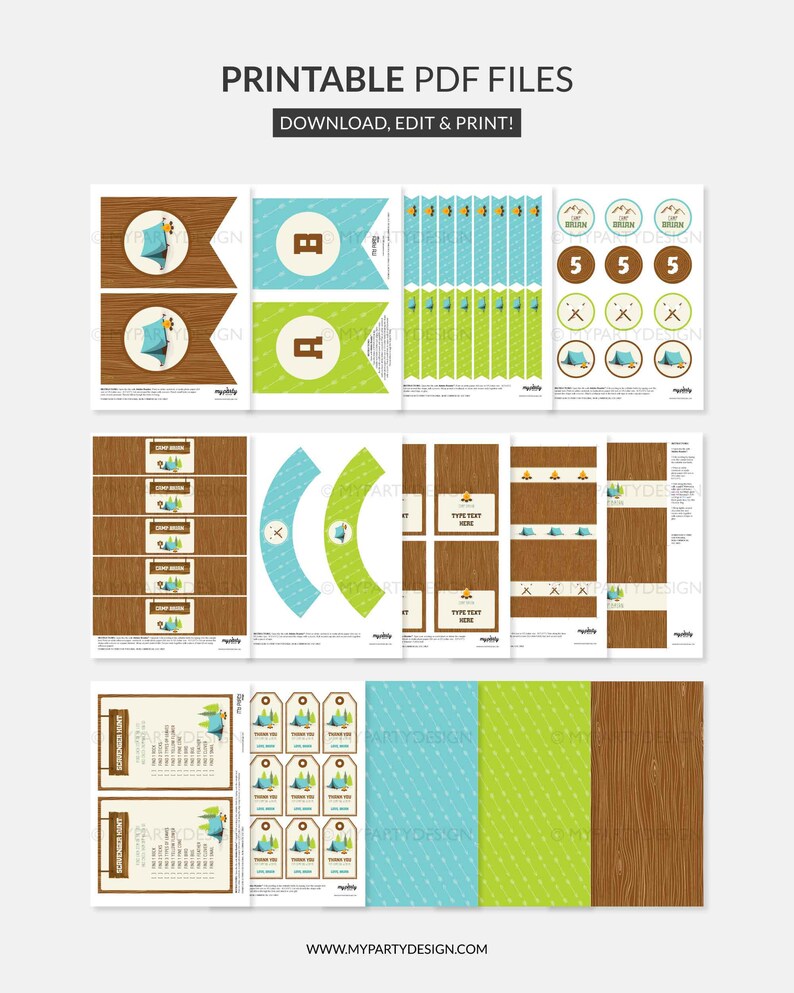 May include: A collection of printable PDF files with a camping theme. The design includes banners, tags, labels, and decorative elements in blue, green, and brown. Text includes "PRINTABLE PDF FILES" and "DOWNLOAD, EDIT & PRINT!"