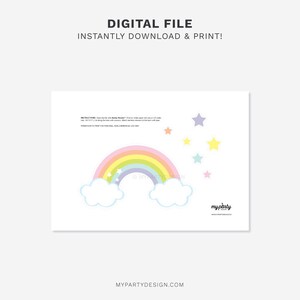 Może przedstawiać: Cyfrowy wydruk z tęczą, chmurami i gwiazdami w pastelowych kolorach. Tekst "DIGITAL FILE INSTANTLY DOWNLOAD & PRINT!" znajduje się na g&oacute;rze. Instrukcje i adres strony internetowej znajdują się na dole.