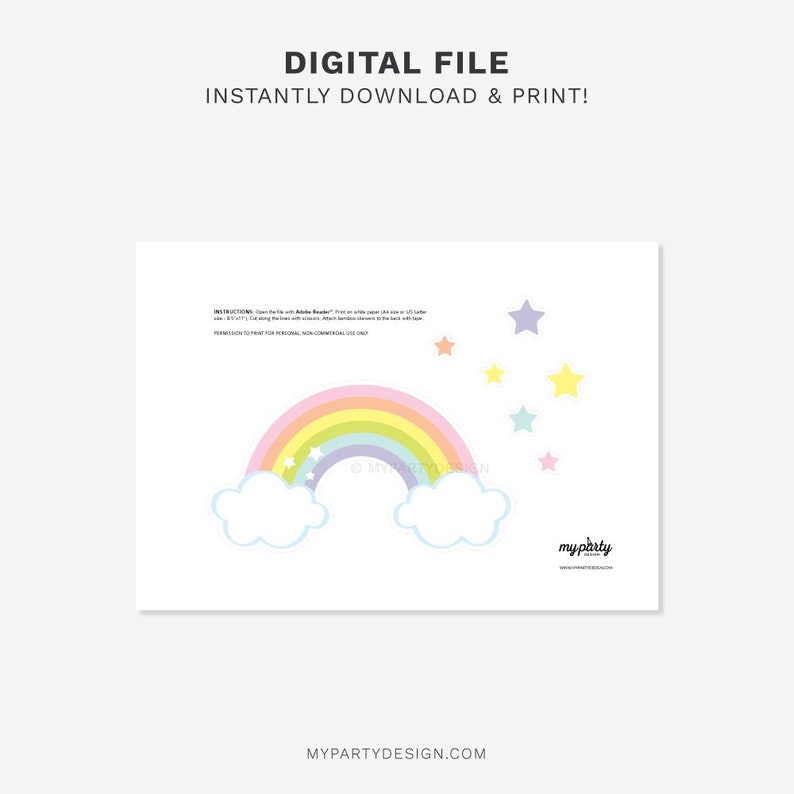 Może przedstawiać: Cyfrowy wydruk z tęczą, chmurami i gwiazdami w pastelowych kolorach. Tekst "DIGITAL FILE INSTANTLY DOWNLOAD & PRINT!" znajduje się na g&oacute;rze. Instrukcje i adres strony internetowej znajdują się na dole.