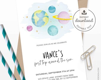 Erste Reise um die Sonne Geburtstagseinladung, Galaxy Outer Space First Bday einladen, Junge oder Mädchen - INSTANT DOWNLOAD - Printable editable PDF