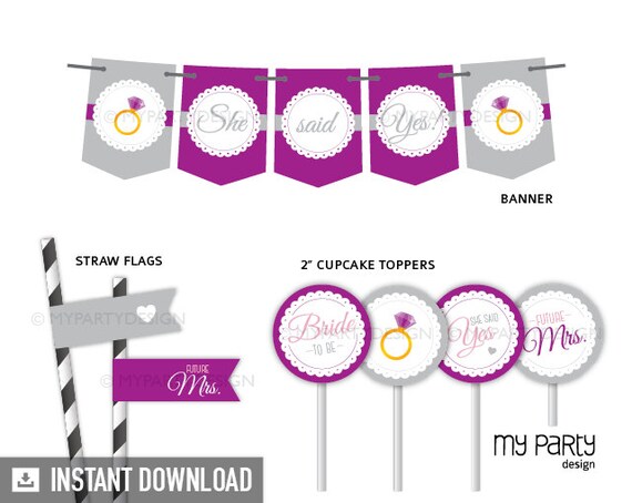 Bridal Shower Party Pack - Engagement Party - Scalloped Theme Purple - INSTANT DOWNLOAD - Printable PDF Il_570xn