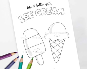 Pagina da colorare di gelato, attività per feste di compleanno estive per bambini, foglio da colorare di cono gelato - DOWNLOAD IMMEDIATO - PDF stampabile