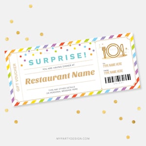 Modelo de vale-presente para jantar surpresa, vale-presente para almoço, cupom para experiência em restaurante de aniversário - DOWNLOAD INSTANTÂNEO - PDF editável para impressão