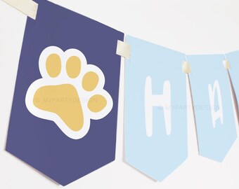 Puppy Birthday Banner, Blue Dog Party Bunting, Puppy Adoption Birthday Decoration Printables - INSTANT DOWNLOAD - Printable Editable PDF