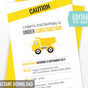 Construction Party Invitation in White, Truck Party Invite, Boy Birthday INSTANT DOWNLOAD Printable PDF with Editable Text image 1