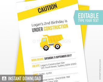 Construction Party Invitation in White, Truck Party Invite, Boy Birthday - INSTANT DOWNLOAD - Printable PDF with Editable Text