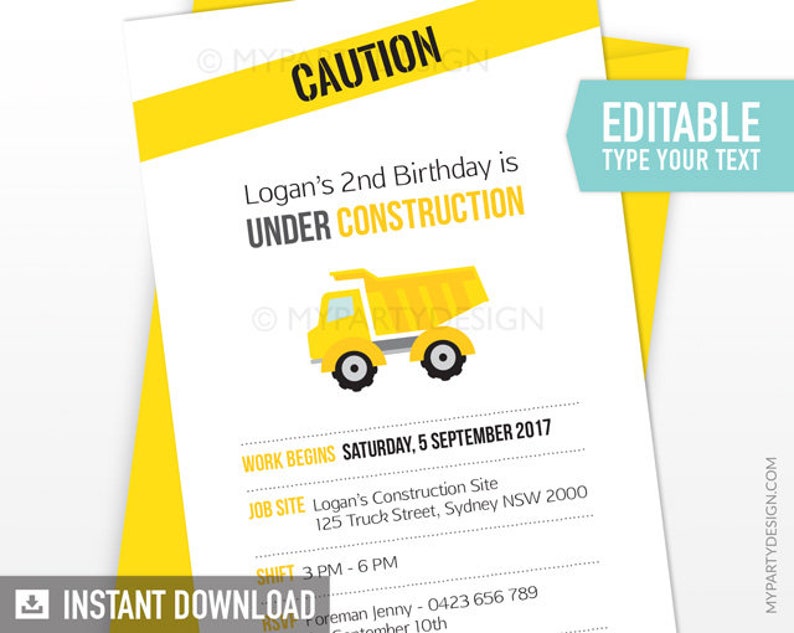 Construction Party Invitation in White, Truck Party Invite, Boy Birthday INSTANT DOWNLOAD Printable PDF with Editable Text image 1