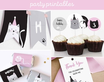May include: Printable party decorations for a cat-themed birthday party. The set includes a banner with the letter "H", cupcake toppers with cats and yarn balls, a thank you tag with a cat, and candy bar wrappers with cats and the word "meow".