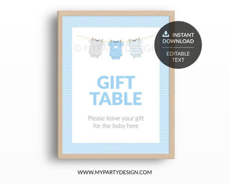 Blue Baby Shower, bodysuit theme, Editable Gift Table Sign, Boy BabyShower INSTANT DOWNLOAD Printable PDF with Editable Text image 1