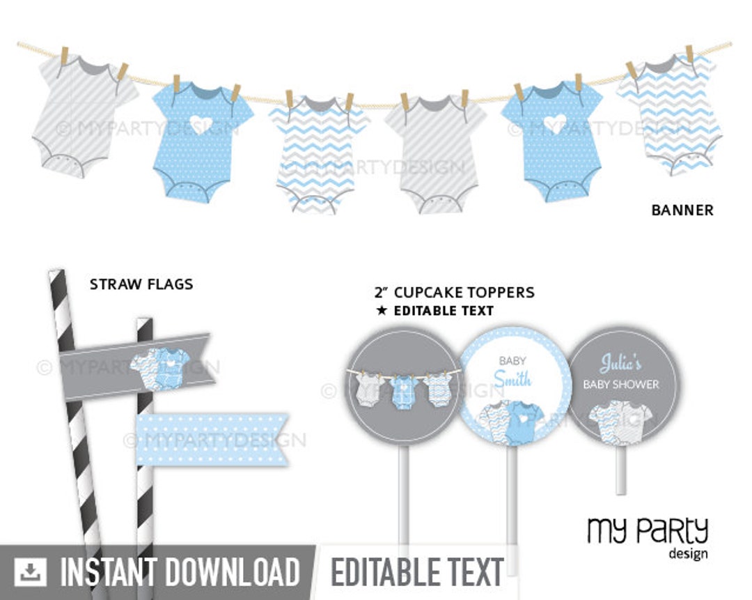 Blue Baby Shower Decorations Printable Party Pack Bodysuit - Etsy