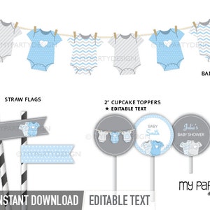 Blue Baby Shower Decorations, Printable Party Pack, bodysuit theme, Boy BabyShower Party Kit - INSTANT DOWNLOAD - Printable Editable PDF