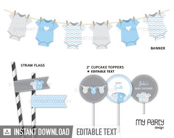 Blue Baby Shower Decorations, Printable Party Pack, bodysuit theme, Boy BabyShower Party Kit - INSTANT DOWNLOAD - Printable Editable PDF