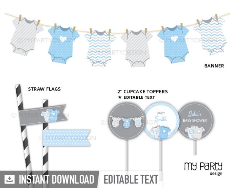 May include: A printable baby shower party kit with a blue and gray color scheme. The kit includes a banner, cupcake toppers, and straw flags. The banner features a string of baby onesies with different patterns. The cupcake toppers feature a baby onesie with a heart and the text "Baby Smith". The straw flags feature a baby onesie with a heart and the text "Julie's Baby Shower".