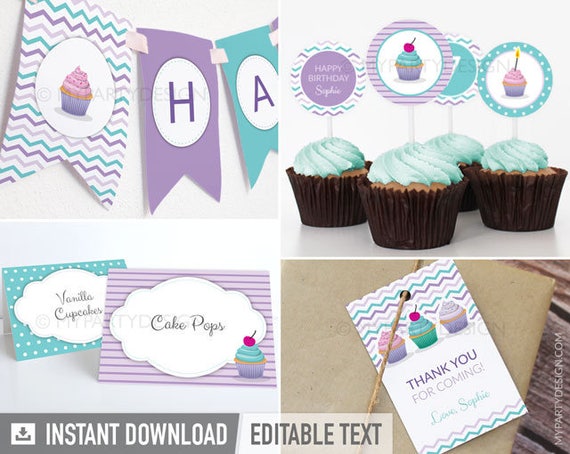 Cupcake Party Decorations, Cupcake Birthday Pack, Baking Party Printables - INSTANT DOWNLOAD - Printable Editable PDF Il_570xn