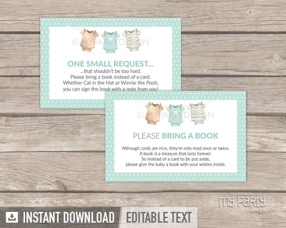 Bring a Book Card - Mint Baby Shower, bodysuit theme - Neutral - Bring a Book Insert - INSTANT DOWNLOAD - Printable PDF with Editable Text Il_570xn