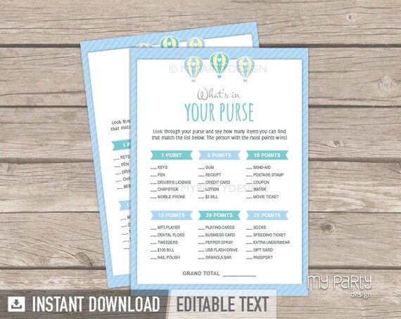 What's in Your Purse Game - Hot Air Balloon Boy Baby Shower Game - Blue BabyShower - INSTANT DOWNLOAD - Printable PDF with Editable Text Il_570xn