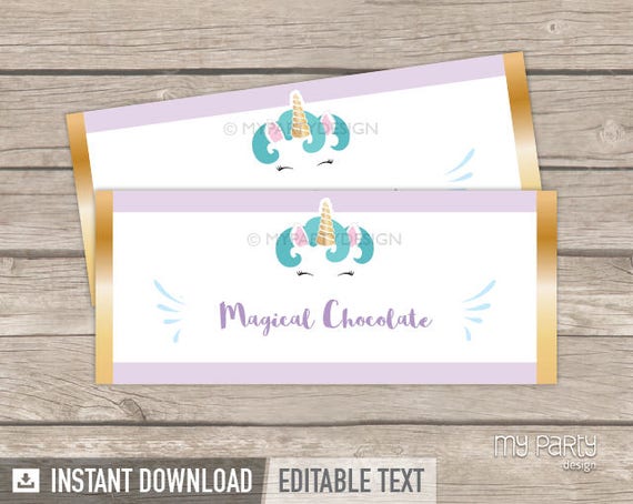 Unicorn Chocolate Wrapper - Candy Label - Unicorn Party - Pastel Purple - INSTANT DOWNLOAD - Printable PDF with Editable Text Il_570xn