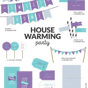 K&ouml;nnte beinhalten: Eine Sammlung von Einweihungs-Party-Dekorationen in Lila und T&uuml;rkis. Enth&auml;lt Banner, Cupcake-Topper, Party-Schilder, Dankesch&ouml;n-Etiketten und passendes Papier. Text enth&auml;lt "Home Sweet Home" und "Thank You for coming".