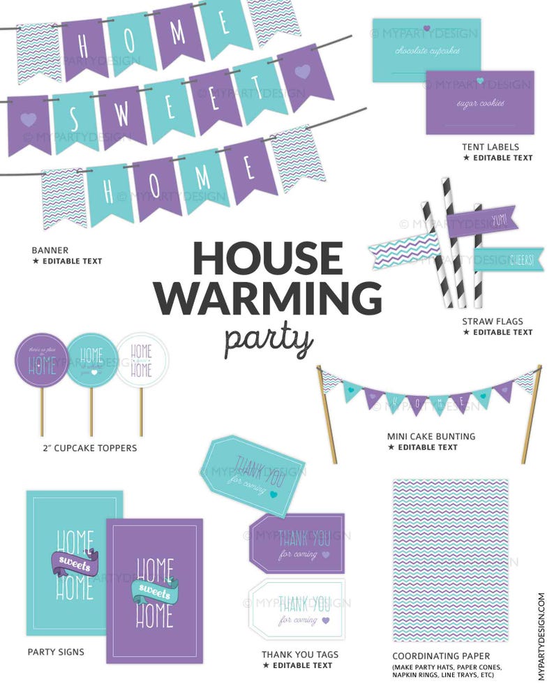 K&ouml;nnte beinhalten: Eine Sammlung von Einweihungs-Party-Dekorationen in Lila und T&uuml;rkis. Enth&auml;lt Banner, Cupcake-Topper, Party-Schilder, Dankesch&ouml;n-Etiketten und passendes Papier. Text enth&auml;lt "Home Sweet Home" und "Thank You for coming".