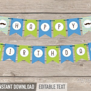 Little Man Birthday Banner, Happy Birthday Bunting, Mustache Party Decorations, Boy INSTANT DOWNLOAD Printable PDF with Editable Text image 2