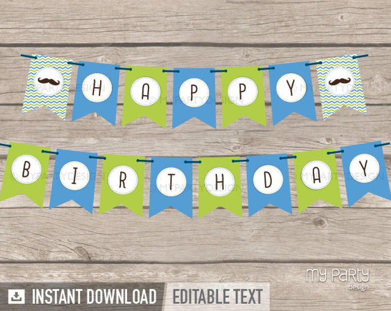 Little Man Birthday Banner, Happy Birthday Bunting, Mustache Party Decorations, Boy INSTANT DOWNLOAD Printable PDF with Editable Text image 2