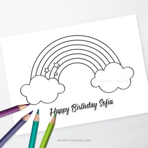 May include: A black and white coloring page featuring a rainbow with clouds and stars. The text "Happy Birthday Sofia" is written below the rainbow.