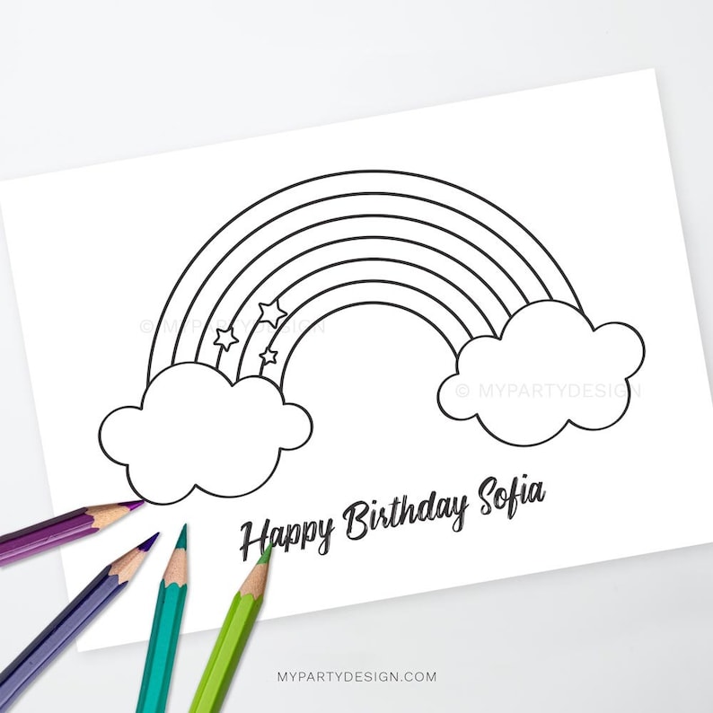 May include: A black and white coloring page featuring a rainbow with clouds and stars. The text "Happy Birthday Sofia" is written below the rainbow.