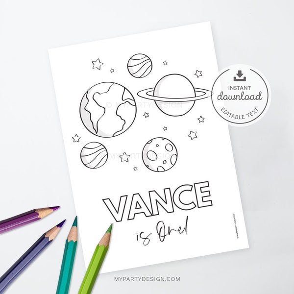 Outer Space Party Coloring Page, First trip around the Sun First Birthday Activity, Galaxy Decor - INSTANT DOWNLOAD - Printable Editable PDF