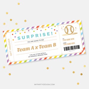 Modèle de bon-cadeau de baseball surprise, carte-cadeau pour un match de sport, coupon d'expérience d'anniversaire - TÉLÉCHARGEMENT IMMÉDIAT - PDF modifiable imprimable