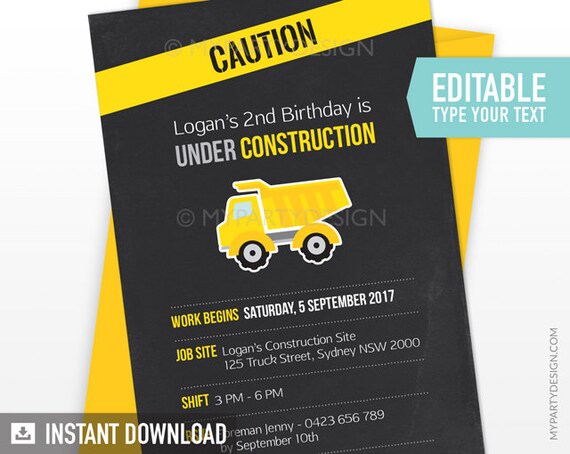 Construction Party Invitation in Black, Truck Party Invite, Boy Birthday - INSTANT DOWNLOAD - Printable PDF with Editable Text Il_570xn