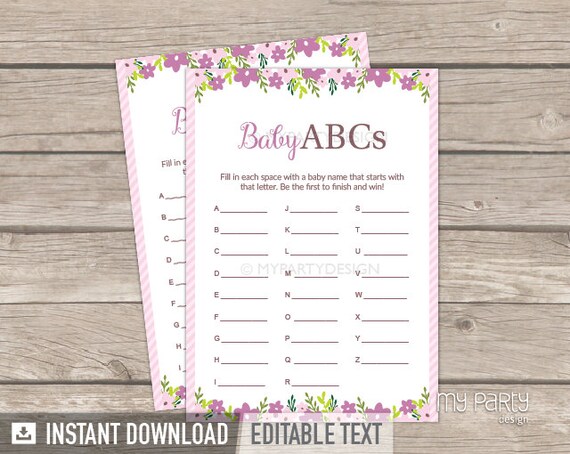 Abc Game - Baby Name Game - Floral Baby Shower Game - Floral Party - Girl Pink Stripes - INSTANT DOWNLOAD - Printable PDF with Editable Text Il_570xn