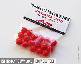 Race Car Thank You Labels, Car Party Favors, Treat Bag Labels - INSTANT DOWNLOAD - Printable PDF with Editable Text