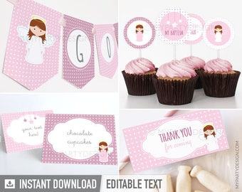 Meisje doop decoraties, Pink Angel doop Party Pack, eerste communie decor - INSTANT DOWNLOAD - afdrukbare bewerkbare PDF