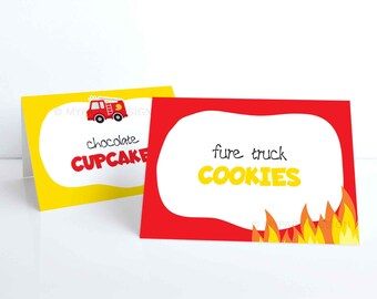 May include: Two printable food labels for a fire engine themed party. The yellow label says "chocolate cupcake" with a red fire engine illustration. The red label says "fire engine cookies" with a yellow flame illustration.