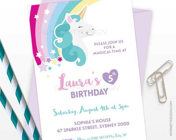 Unicorn Party Invitation - Rainbow Party Invitation - Girl Birthday Party - PRINTABLE JPEG or PDF file Il_570xn