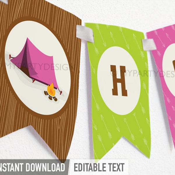 Camping Birthday Banner, Girl Camp Party Bunting, Campout Sleepover, Glamping Decorations - INSTANT DOWNLOAD - Printable Editable PDF