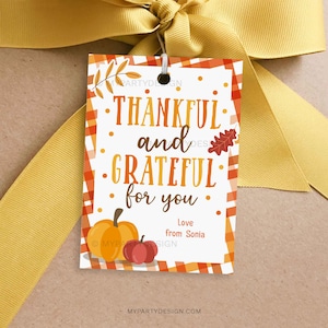 May include: A gift tag with a fall theme, featuring the words "THANKFUL and GRATEFUL for you" in orange and brown. The tag includes illustrations of pumpkins and leaves, with a plaid border and a yellow ribbon.