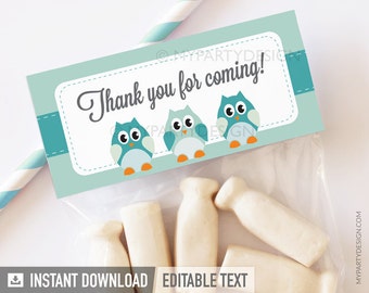Owl Baby Shower Favors, Thank You Labels, Party Favors Bag Toppers, Boy BabyShower - INSTANT DOWNLOAD - Printable PDF with Editable Text
