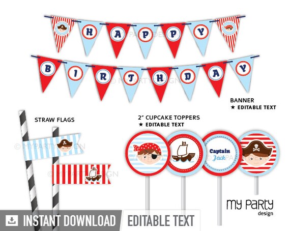 Pirate Birthday Decorations, Party Pack, Little Pirate Party Kit, Nautical Party Printables - INSTANT DOWNLOAD - Printable Editable PDF Il_570xn