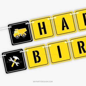 Construction Birthday Banner, Truck Party Bunting, Boy Party Decorations, Construction Party - INSTANT DOWNLOAD - Printable Editable PDF