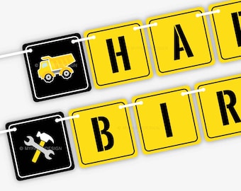 Construction Birthday Banner, Truck Party Bunting, Boy Party Decorations, Construction Party - INSTANT DOWNLOAD - Printable Editable PDF