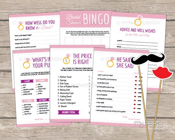 Bridal Shower Games Pack, Wedding Shower Games Bundle, Engagement, Bachelorette, Scalloped Pink - INSTANT DOWNLOAD - Printable Editable PDF Il_570xn
