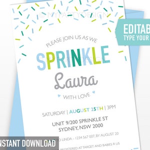Baby Sprinkle Invitation, Boy Baby Shower Invite, Sprinkles Party Invitation - INSTANT DOWNLOAD - Printable PDF with Editable Text (BB03)