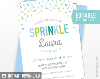 Baby Sprinkle Invitation, Boy Baby Shower Invite, Sprinkles Party Invitation - INSTANT DOWNLOAD - Printable PDF with Editable Text (BB03)