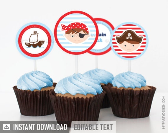 Pirate Cupcake Toppers, Pirate Birthday Printables, Little Pirate Party Decorations, Nautical - INSTANT DOWNLOAD - Printable Editable PDF Il_570xn