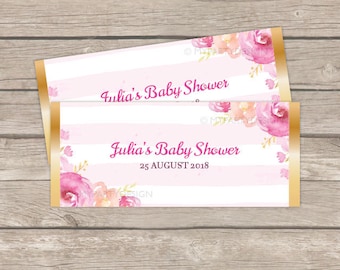 Floral Baby Shower Chocolate Wrappers, Girl Party Favors, Floral Watercolor - INSTANT DOWNLOAD - Printable PDF with Editable Text (BB04)