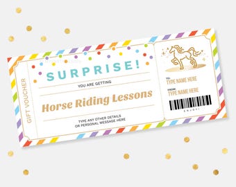 May include: A gift voucher with a colorful rainbow border and the words "SURPRISE!" and "Horse Riding Lessons." The voucher includes space to add a name and a message, and a gold illustration of a horse.