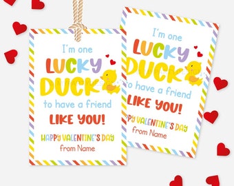 Duck Valentine's Day Tag, Kids Valentine Cards for Classroom, Lucky Ducky Gift Label - INSTANT DOWNLOAD - Printable Editable PDF
