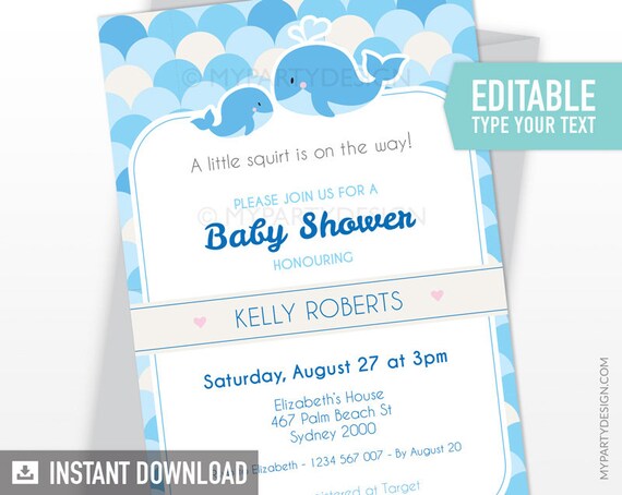 Whale Baby Shower Invitation - Boy Blue - Under the Sea - Whale Party - INSTANT DOWNLOAD - Printable PDF with Editable Text Il_570xn