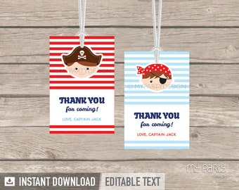 May include: Two printable pirate-themed thank you tags with red and blue stripes. The tags feature a cartoon pirate with a red bandana and an eye patch on a blue background and a cartoon pirate with a brown hat and a skull and crossbones on a red background. The text on the tags reads "Thank you for coming! Love, Captain Jack".